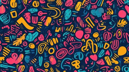 A vibrant abstract pattern featuring colorful shapes and playful designs with bold colors and whimsical forms.