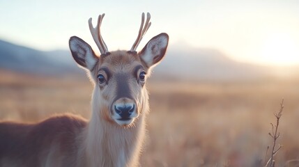 A serene deer gazes into the distance during a golden sunset, surrounded by a peaceful meadow, embodying nature's beauty.