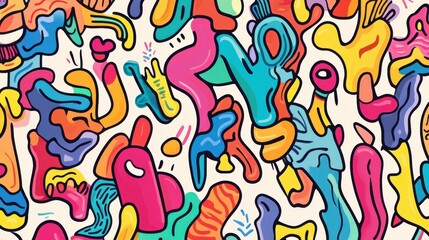 Colorful abstract pattern featuring playful shapes and icons in vibrant hues of blue, yellow, and red.