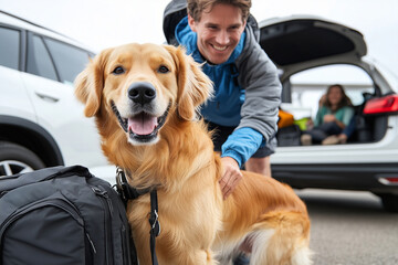 Family adventure preparing for a road trip with a golden retriever in tow