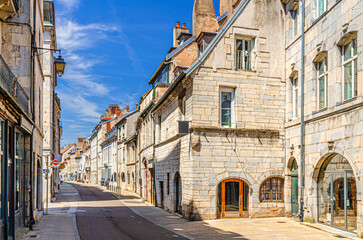 Besancon cityscape old town centre ville, La boucle de Besançon city historic centre, Grande Rue street old houses medieval buildings in sunny summer day, Bourgogne-Franche-Comte region, France