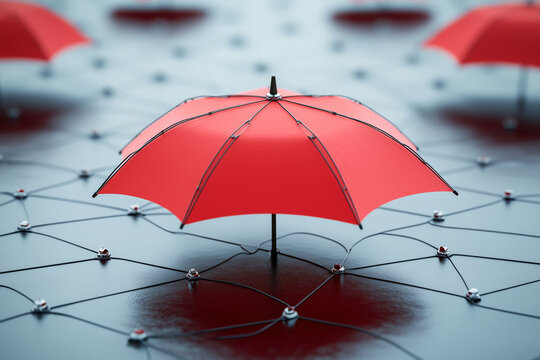 Red umbrella symbolizing group protection in a connected network setting