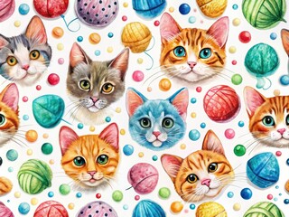 Seamless Watercolor Pattern of Cat Heads and Yarn Clews on White Background for Pet Lovers, Textile Designs, and Home Decor Inspiration