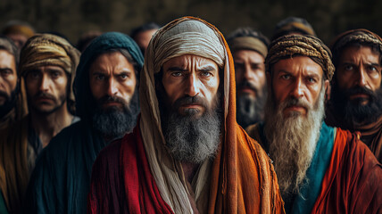 Naklejka premium A gathering of biblical figures in solemn contemplation during ancient times