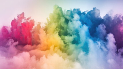 Fototapeta premium A vibrant explosion of colorful smoke in hues of red, orange, yellow, green, blue, and purple, creating a dreamy, surreal atmosphere.