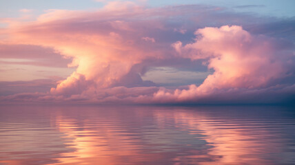 Obraz premium A breathtaking sunset over a calm ocean, featuring vibrant pink and purple clouds reflecting on the water's surface, creating a serene and tranquil atmosphere.