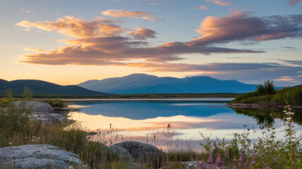 Obraz premium A serene landscape featuring a tranquil lake at sunset, with soft colorful clouds reflecting on the water surface and mountains in the background.