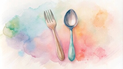 Artistic illustration of a fork and spoon on a colorful watercolor background