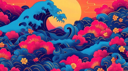Vibrant floral abstract background featuring intricate designs with warm hues and soothing blues.
