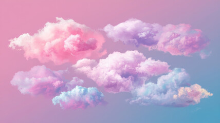 Fototapeta premium A stunning array of fluffy clouds painted in soft pastel hues of pink, purple, and blue against a gradient sky, creating a dreamy and serene atmosphere.