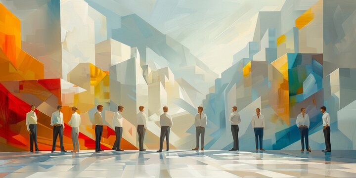 geometric style illustration Jesus portrayed teaching parables while surrounded abstract figures and symbols illuminated bright daytime light.