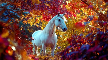 A majestic white horse stands gracefully in a vibrant autumn forest. The horse is surrounded by a colorful array of leaves in shades of red, orange, and yellow. Soft diffused sunlight filters through 