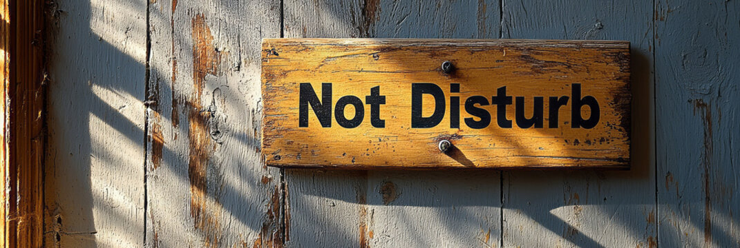 A Do Not Disturb sign with bold black text on a light wooden surface, with soft natural light from a window, emphasizing tranquility and simplicity,