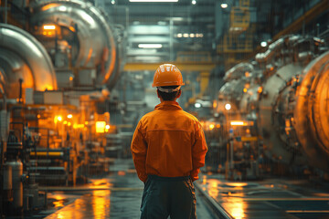 Industrial engineer inspecting machinery in modern manufacturing facility with dramatic lighting
