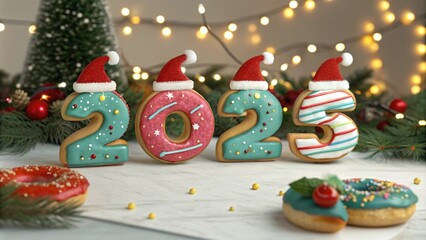 Obraz premium Happy New Year 2025 greeting card with christmas decorations. Vector illustration.