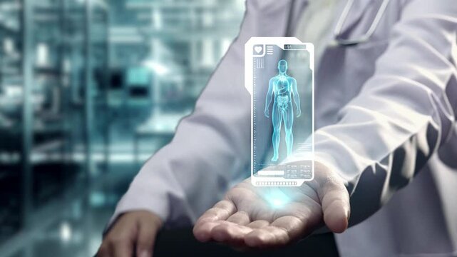 Close up of smart doctor sitting and showing human anatomy hologram floating on hand. Medical worker holding HUD dashboard whole body and examine symptom by using medical data analysis. Remedial.