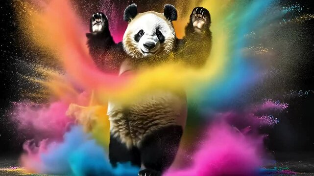 A playful panda standing in a vibrant explosion of colorful powder.