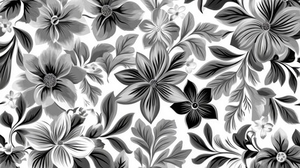 Obraz premium Elegant floral pattern featuring delicate flowers and leaves in soft, muted tones against a light background.