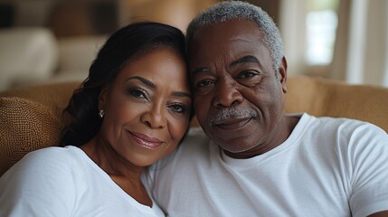 Fototapeta premium Loving Elderly Couple Sitting Together in Matching White T-Shirts, Holding Hands with Gentle Smiles - Relationship and Affection Concept