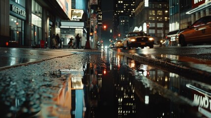 Fototapeta premium Rain-slicked city streets reflect neon lights while cars pass, evoking a dynamic and bustling urban night scene.