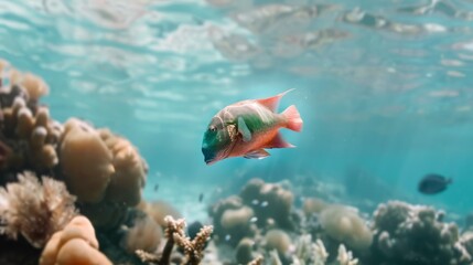 Fototapeta premium A colorful fish swims gracefully near corals in clear waters, epitomizing the vibrancy of marine ecosystems.