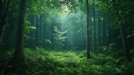 A serene forest scene filled with lush greenery. Towering trees create a canopy overhead, filtering soft, dappled light that illuminates the forest floor. Beneath the trees, ferns and underbrush thriv
