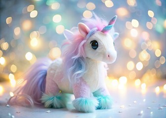 Obraz premium Soft Toy Unicorn Isolated on White Background with Bokeh Effect â€“ Adorable Plush Toy for Children, Perfect for Gifts, Decor, and Photography