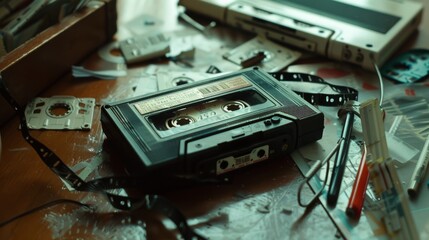 A vintage cassette tape lies amidst a chaotic assortment of tape spools and broken pieces, evoking nostalgia for analog music days.