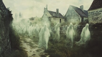 The image showcases a haunting and ethereal scene in a fog-laden village. Several ghostly figures, shrouded in translucent white fabric, are seen walking along a winding path between old stone houses.