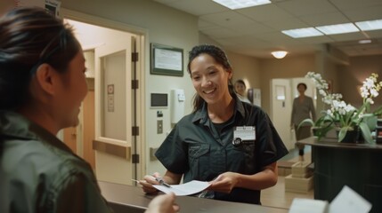 Obraz premium A smiling woman in a uniform handles paperwork behind a reception desk, exuding approachable professionalism in a warmly lit office.