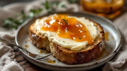 Toast with Pear Jam and Egg Yolk with a Comforting Mood on a Plate