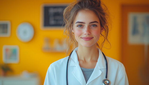 Retrato de medica mujer con bata y estetoscopio sonriendo y transmitiendo confianza al paciente. Consulta on line y cuidados de salud.