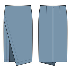 Blue wrap midi skirt with front overlap and asymmetrical hemline, shown in front and back views.
