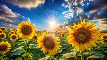 Obraz premium Stunning Architectural Photography of Sunflower Fields Under a Bright Blue Sky - Nature's Beauty in Full Bloom with Vibrant Colors and Natural Light
