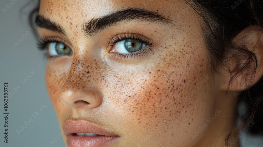 Poster this close-up features a person showcasing a beautiful face adorned with freckles, highlighted by br