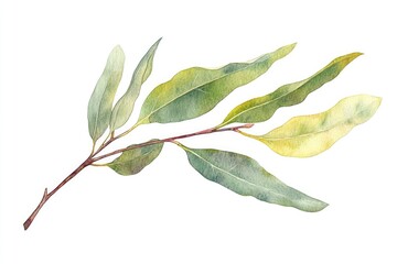 Watercolor Eucalyptus Leaf Illustration on White Background with Hand-drawn Elements