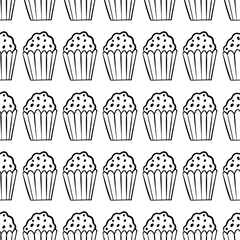 Doodle seamless pattern with muffins in outline, cartoon pastries or popcorn flat vector illustration