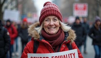 Smiling woman holding a gender equality sign at a peaceful protest in the city during winter
