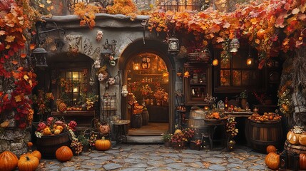 A charming, rustic scene depicting a cozy market or tavern entrance adorned with vibrant autumn foliage. The setting features large pumpkins scattered around and wooden barrels, creating a festive atm