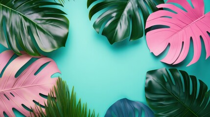A vibrant and colorful abstract background featuring lush tropical leaves in shades of pink and teal.