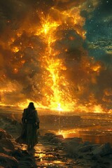Moses stands awe as he observes burning bush flames flickering dramatically dark desert night creating mystical ambiance filled stars.