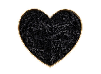 Top view of empty open heart shaped gift box with black color shredded paper - gift box filler. Luxury present wrapping or products background. Isolated on white, studio shot.