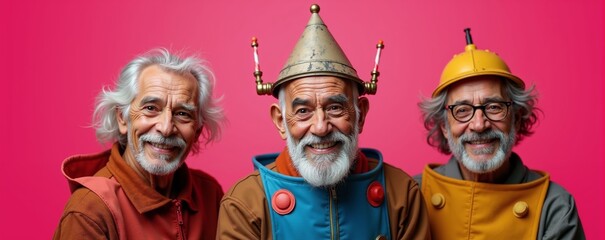 Three older men dressed in colorful costumes celebrate a birthday at a festive party against a bright pink backdrop