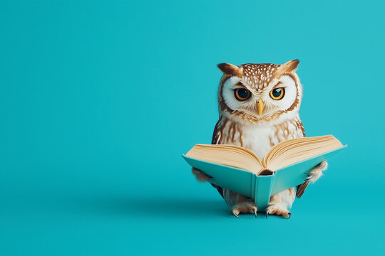 Wise Owl Reading Book Humor Animal Portrait Educational Concept