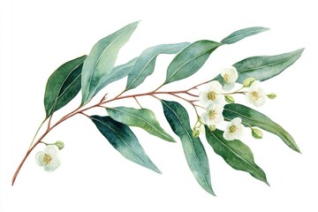 Obraz premium Watercolor Eucalyptus Branch with Leaves and Flowers on White, Hand-Drawn Illustration