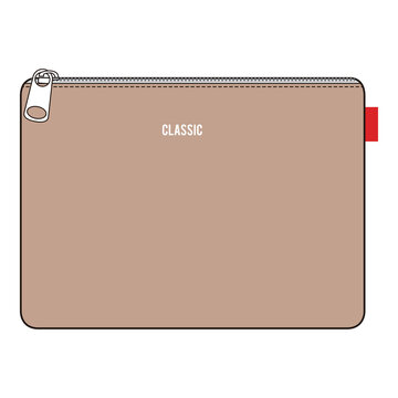 Beige zipper pouch with "Classic" text and red side tag.
