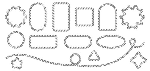 Rope borders in the shape of square, star, rectangle, triangle, arc, flower, circle and oval isolated on a white background. Vector design set element of rope brush in different geometric shapes	