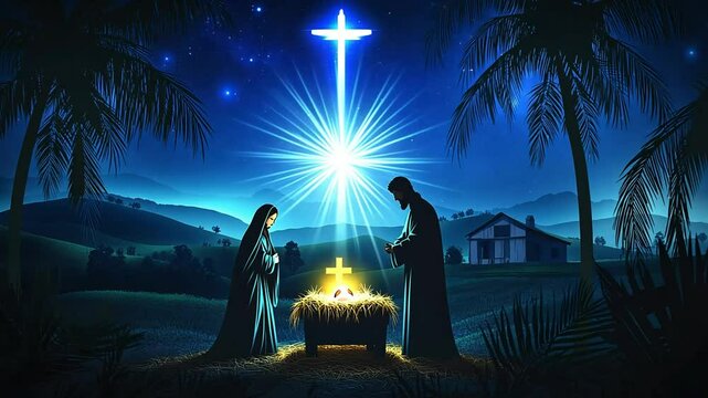 A starry night sky shines down on a manger with a glowing cross above, illuminating the scene with Joseph and Mary standing beside it.