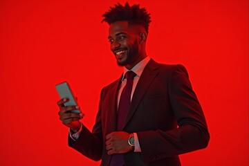 A well-dressed African American man smiles at his smartphone against a striking red backdrop in a stylish indoor setting