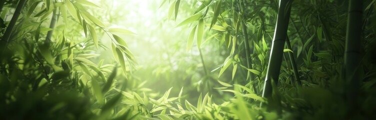 Obraz premium 緑豊かな竹林の中を照らす柔らかな光と新緑の美しさを楽しむ瞬間
